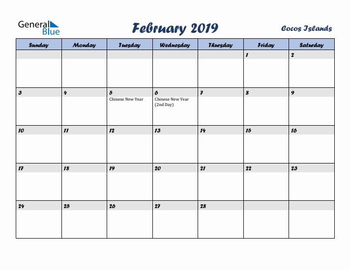 February 2019 Calendar with Holidays in Cocos Islands
