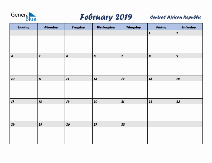 February 2019 Calendar with Holidays in Central African Republic