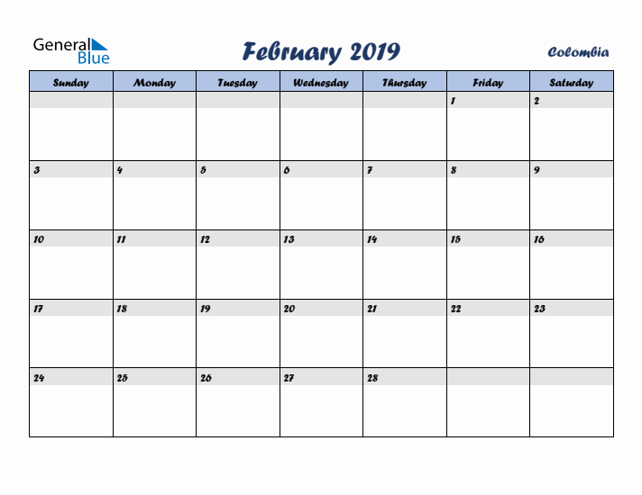 February 2019 Calendar with Holidays in Colombia