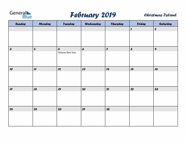 February 2019 Calendar with Holidays in Christmas Island