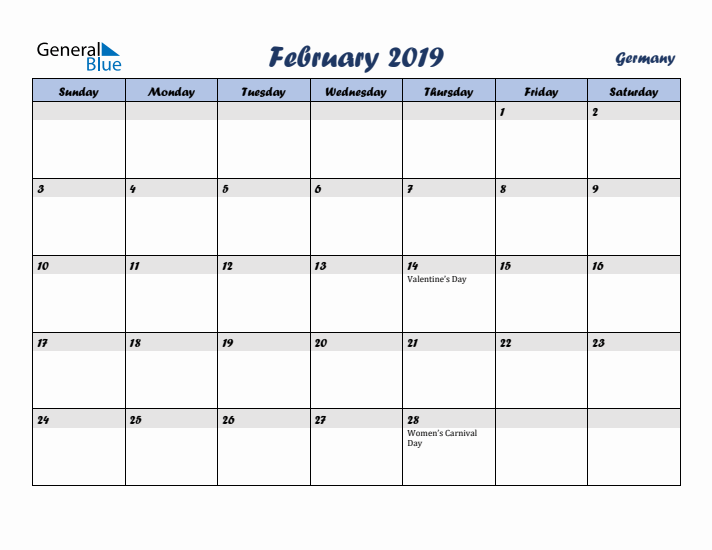 February 2019 Calendar with Holidays in Germany