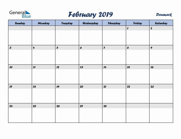 February 2019 Calendar with Holidays in Denmark
