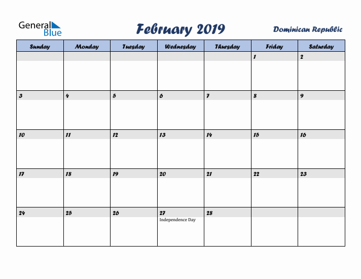 February 2019 Calendar with Holidays in Dominican Republic