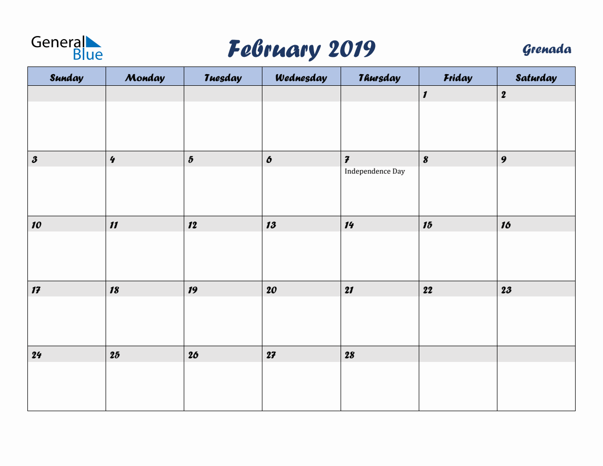 February 2019 Monthly Calendar Template with Holidays for Grenada