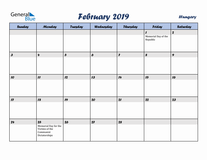 February 2019 Calendar with Holidays in Hungary