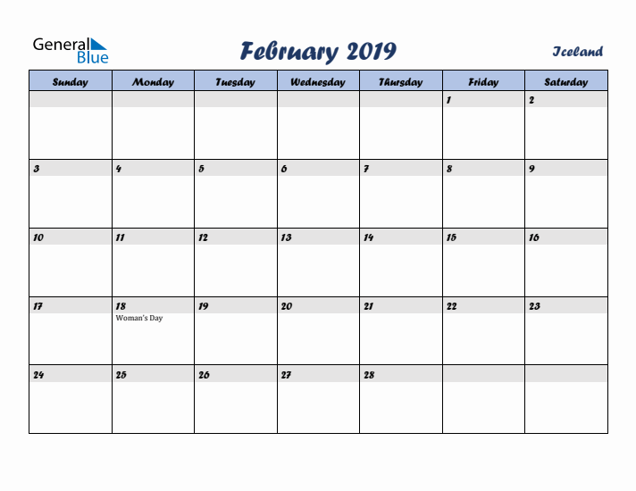 February 2019 Calendar with Holidays in Iceland