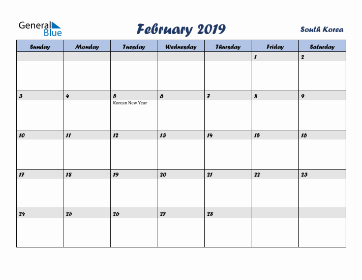 February 2019 Calendar with Holidays in South Korea