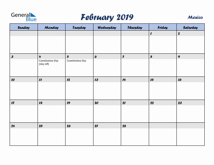 February 2019 Calendar with Holidays in Mexico