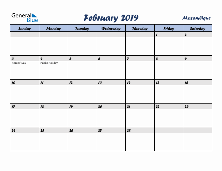 February 2019 Calendar with Holidays in Mozambique