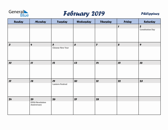 February 2019 Calendar with Holidays in Philippines