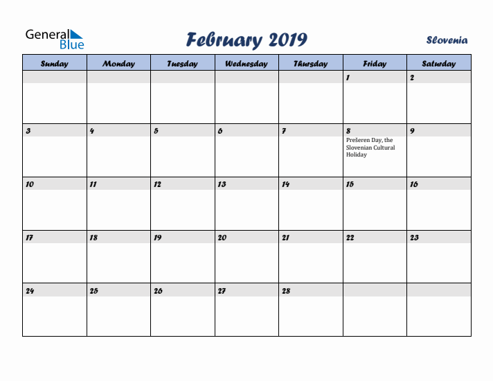 February 2019 Calendar with Holidays in Slovenia