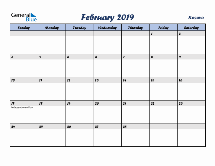February 2019 Calendar with Holidays in Kosovo