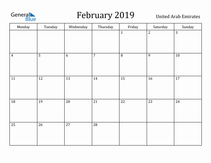 February 2019 Calendar United Arab Emirates