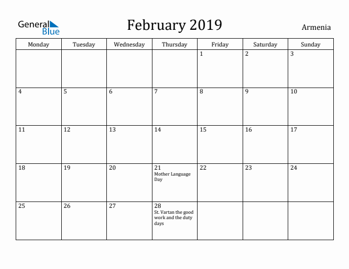 February 2019 Calendar Armenia