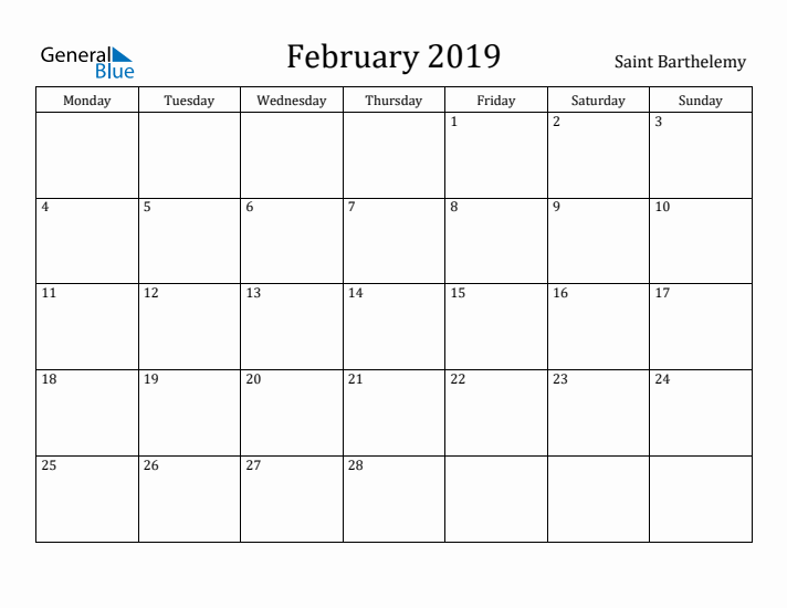 February 2019 Calendar Saint Barthelemy