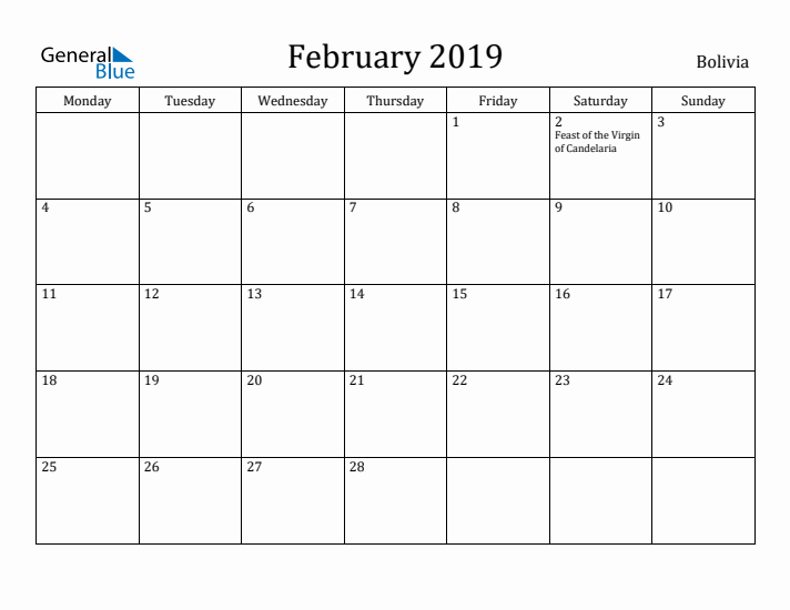 February 2019 Calendar Bolivia