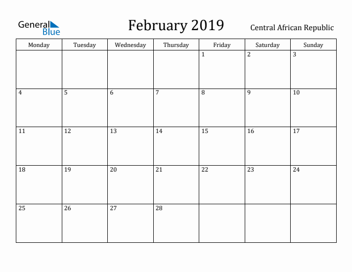 February 2019 Calendar Central African Republic