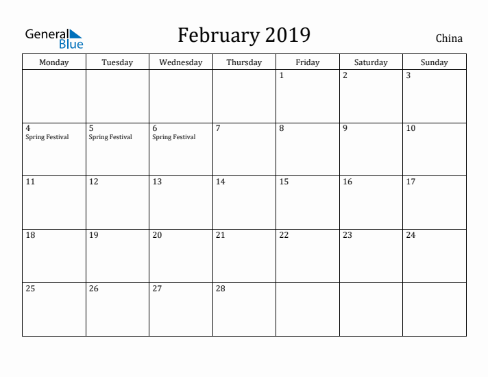February 2019 Calendar China