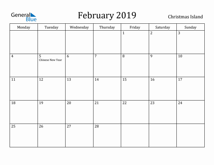 February 2019 Calendar Christmas Island
