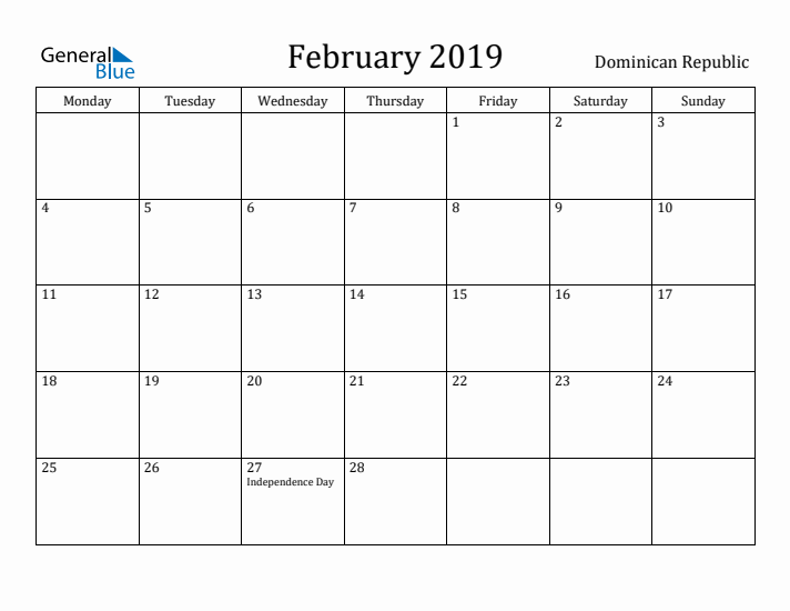February 2019 Calendar Dominican Republic