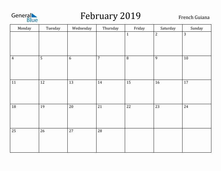 February 2019 Calendar French Guiana