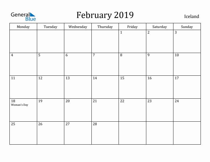 February 2019 Calendar Iceland
