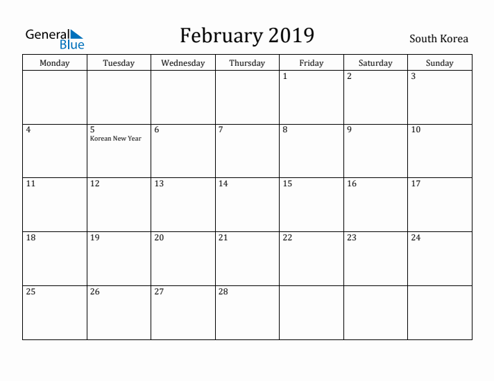 February 2019 Calendar South Korea