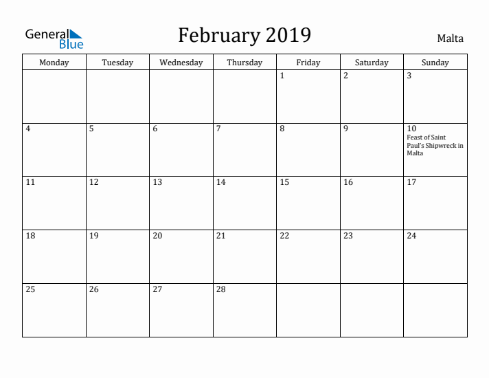 February 2019 Calendar Malta