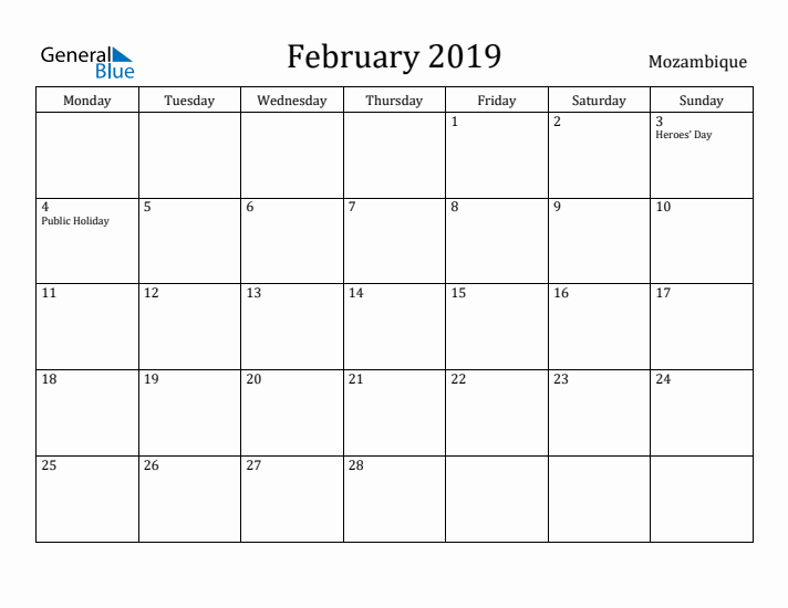 February 2019 Calendar Mozambique