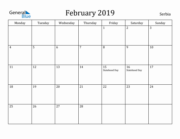 February 2019 Calendar Serbia