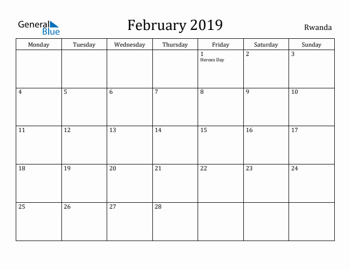 February 2019 Calendar Rwanda