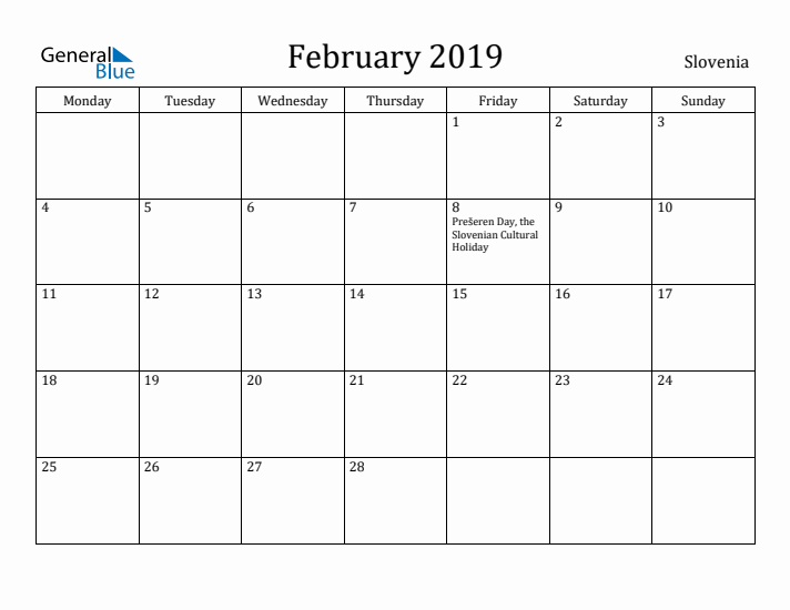 February 2019 Calendar Slovenia