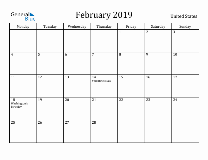 February 2019 Calendar United States