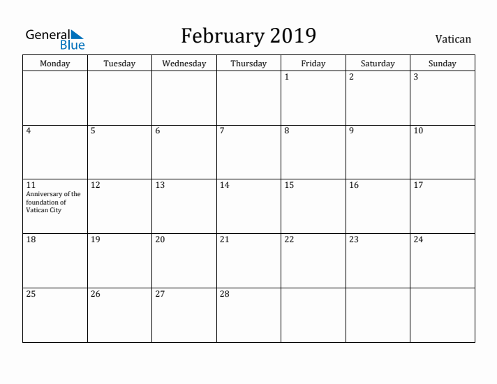 February 2019 Calendar Vatican