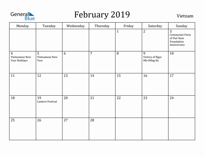 February 2019 Calendar Vietnam