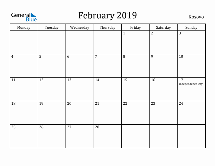 February 2019 Calendar Kosovo