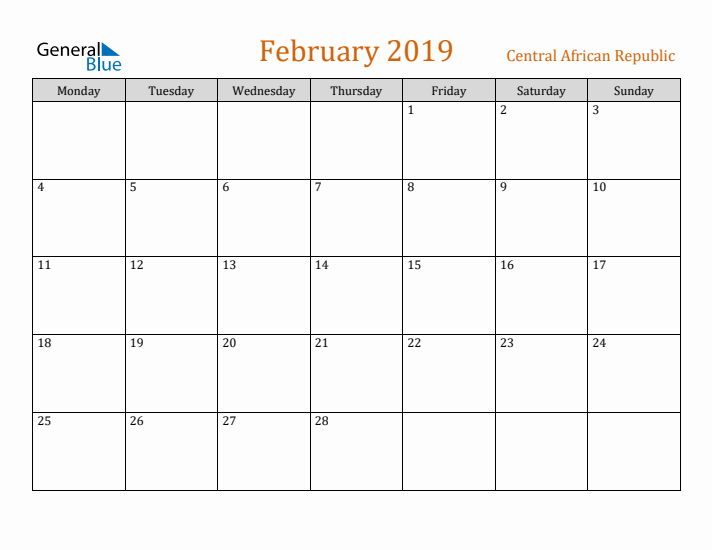 February 2019 Holiday Calendar with Monday Start