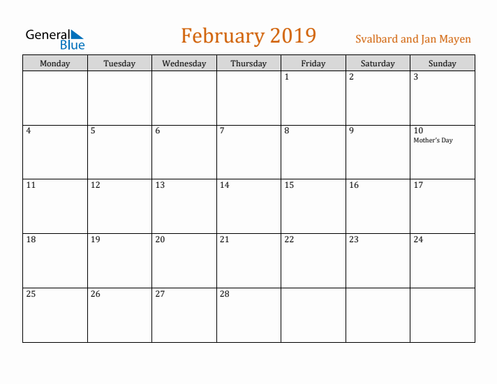 February 2019 Holiday Calendar with Monday Start