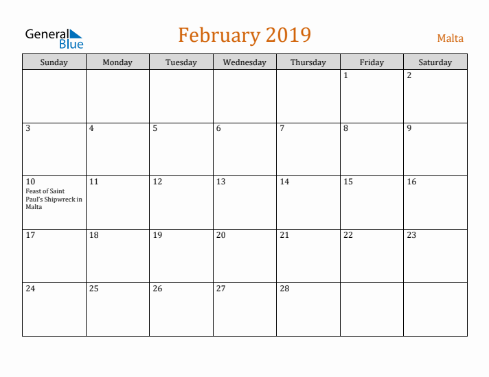 February 2019 Holiday Calendar with Sunday Start