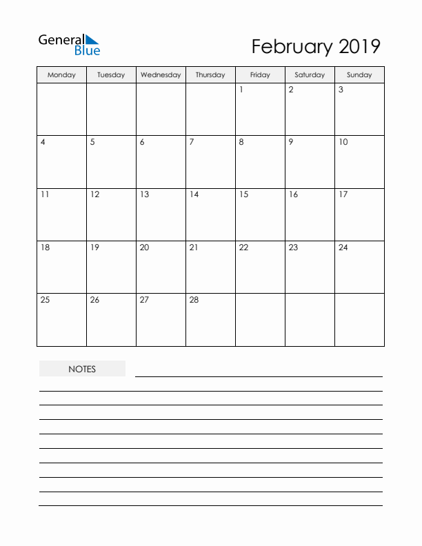 Printable Calendar with Notes - February 2019 