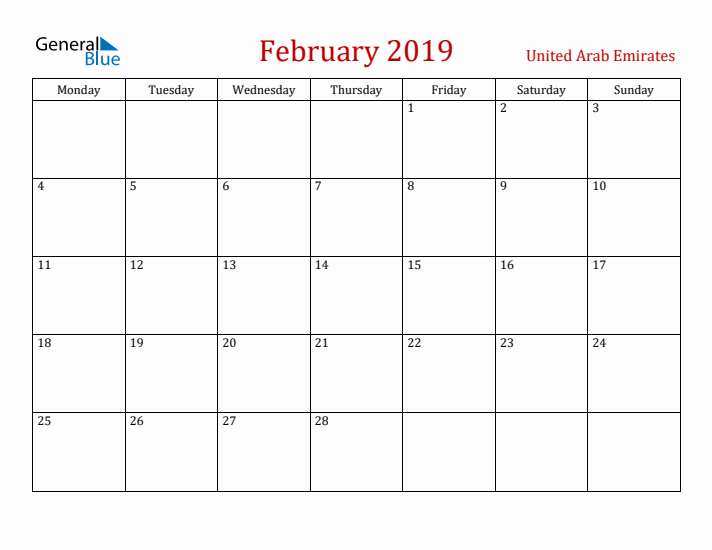 United Arab Emirates February 2019 Calendar - Monday Start