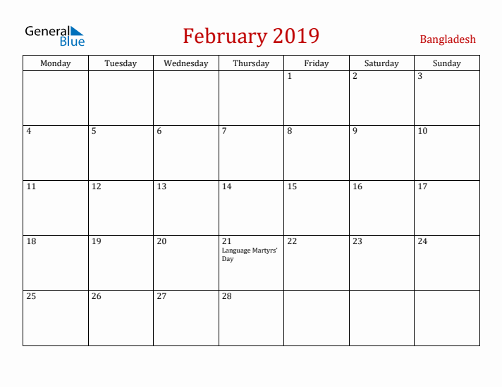 Bangladesh February 2019 Calendar - Monday Start