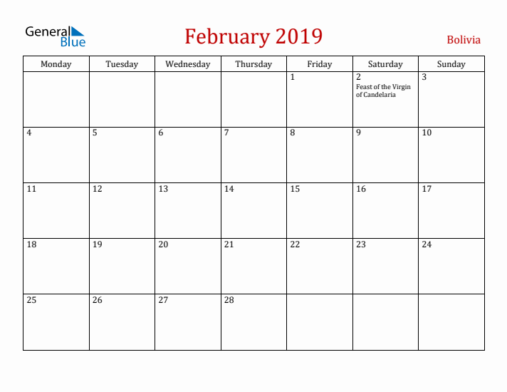 Bolivia February 2019 Calendar - Monday Start