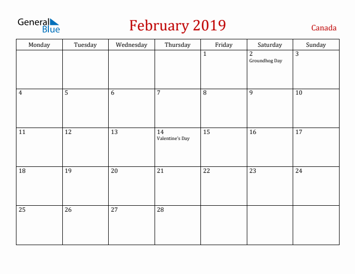 Canada February 2019 Calendar - Monday Start