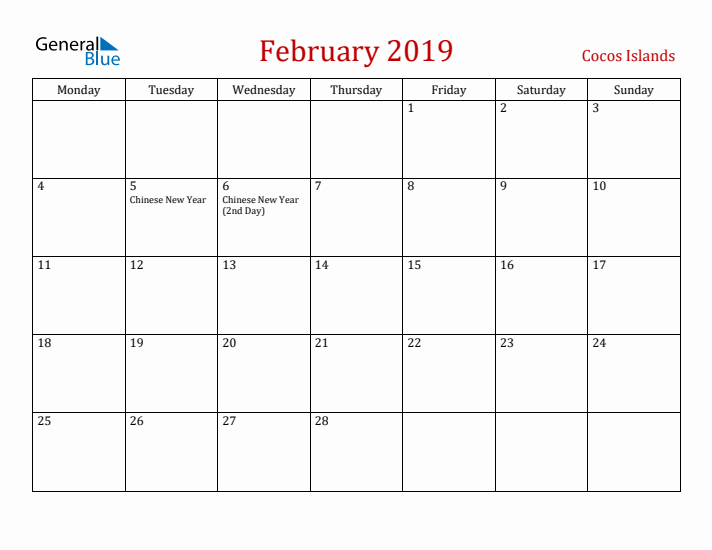 Cocos Islands February 2019 Calendar - Monday Start