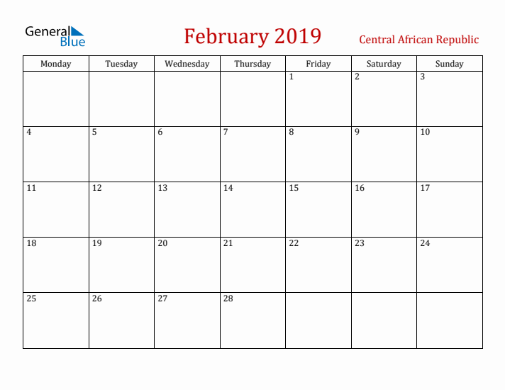 Central African Republic February 2019 Calendar - Monday Start