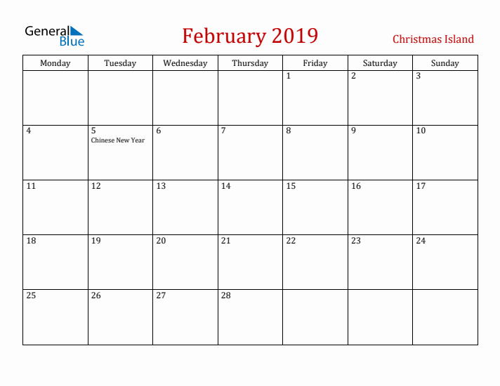 Christmas Island February 2019 Calendar - Monday Start