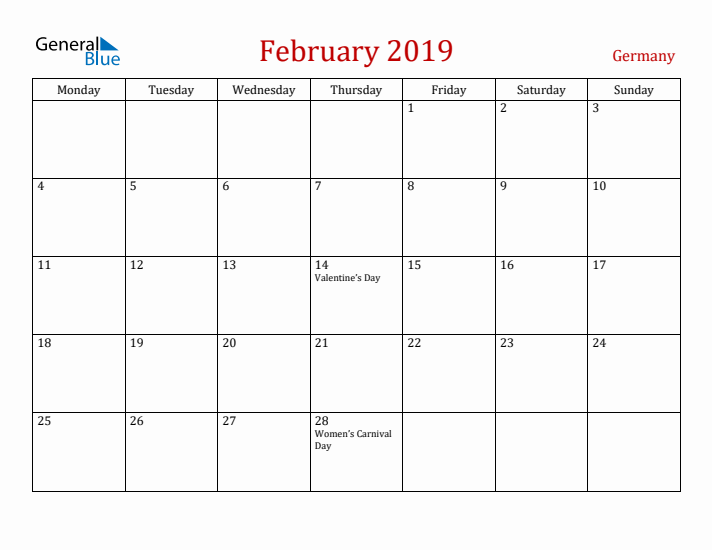 Germany February 2019 Calendar - Monday Start
