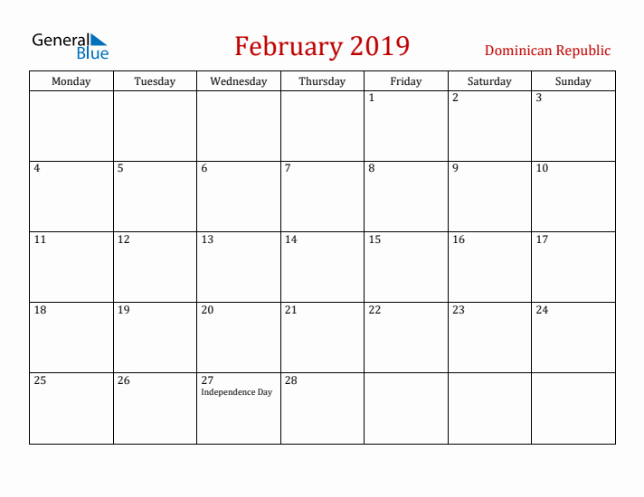 Dominican Republic February 2019 Calendar - Monday Start