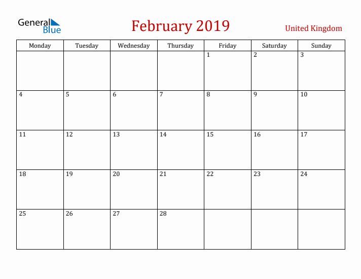 United Kingdom February 2019 Calendar - Monday Start
